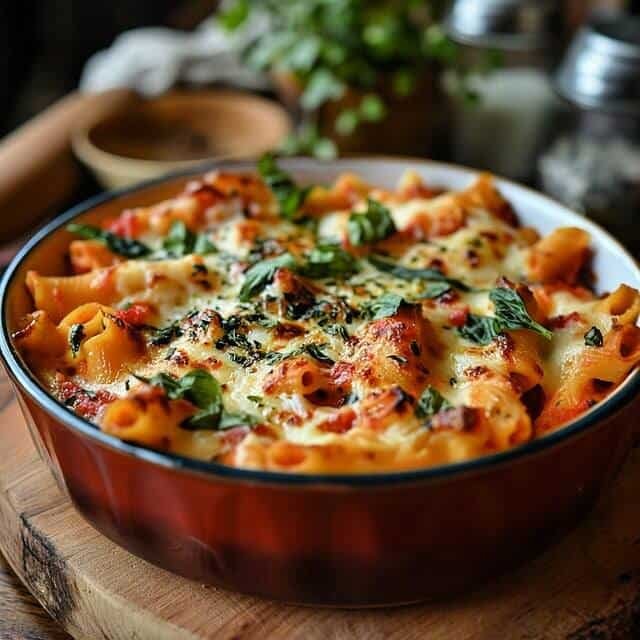 Baked Ziti 1 a bowl of pasta with cheese and basil