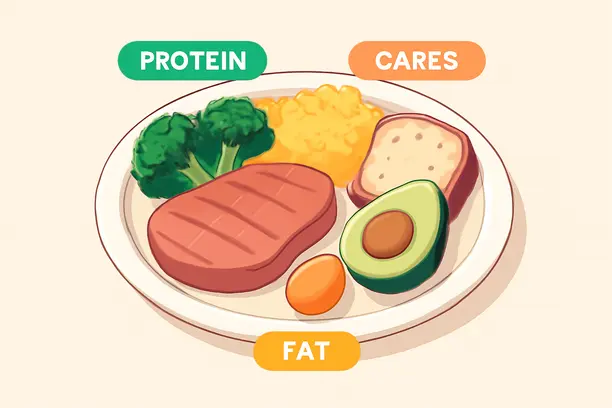 1600 Calorie Meal Plan: Because Even Your Snack Jar Needs Boundaries 3 =Illustration of a balanced plate depicting daily macro ratios for a healthy diet.