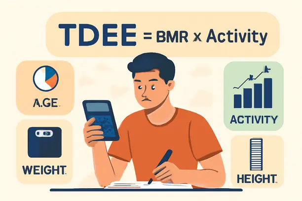 =An illustration of a person calculating TDEE with charts and numbers.