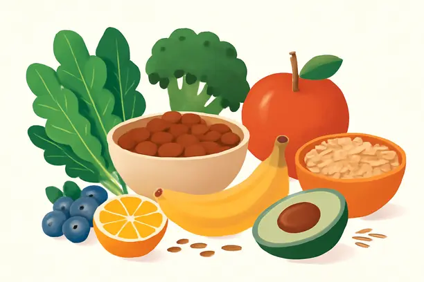 =An illustration of fiber-rich foods like beans, fruits, and leafy greens.