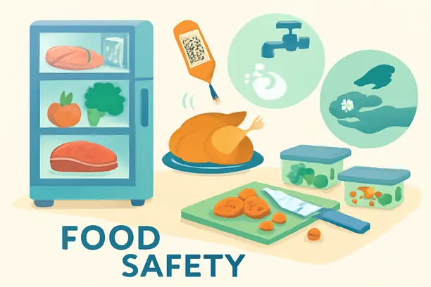 =An illustration of food safety practices for meal prep and storage.