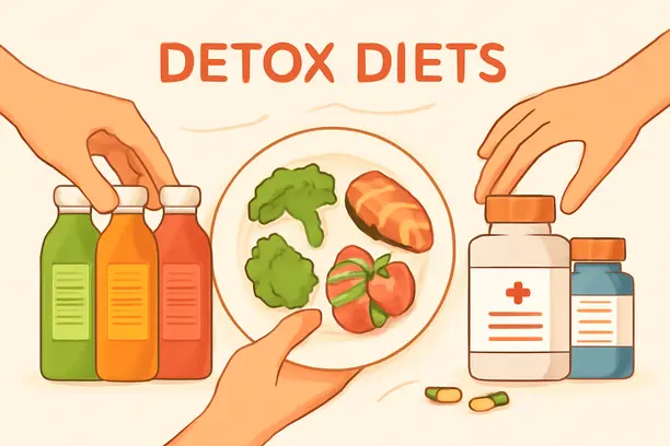 =Illustration of different 21-day detox diets like juice cleanses and clean eating.