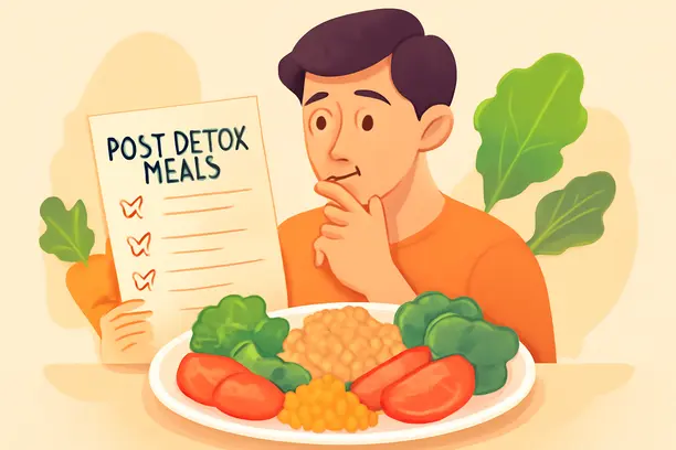 =Stylized illustration of a person planning post-detox meals with nutritious foods.