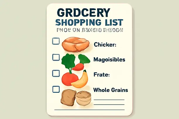 =Stylized shopping list for a 2500 calorie meal plan featuring healthy food items.