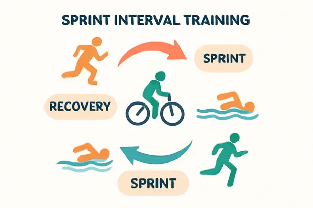 Sit Training Explained: Why Sprinting Like You’re Late to Brunch Actually Works 2 =Diagram of sprint interval training mechanisms with sprints and recovery cycles.