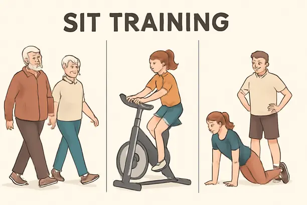 Sit Training Explained: Why Sprinting Like You’re Late to Brunch Actually Works 3 =Stylized figures demonstrating safe sit training methods for different age groups.