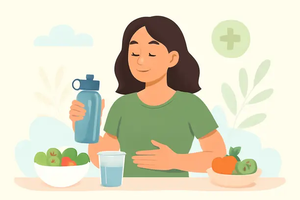 =Character managing symptoms during the Standard Process 21 Day Cleanse with healthy foods and hydration.