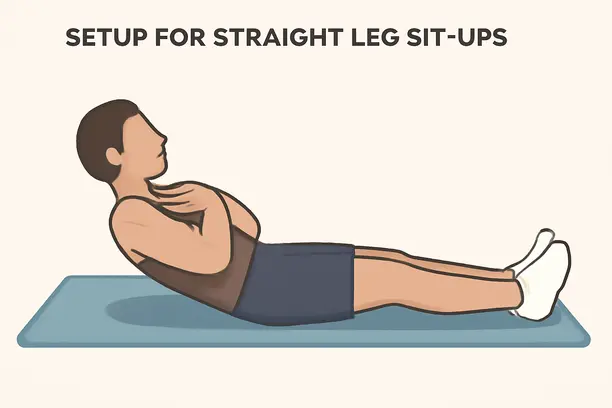 =Diagram illustrating the correct setup position for straight leg sit-ups on a mat.