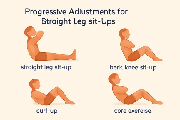 =Illustration showing progressions and variations for straight leg sit-ups with stylized figures.