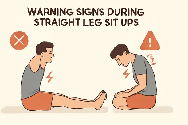 =Illustration of warning signs while doing straight leg sit-ups, emphasizing safe practice.