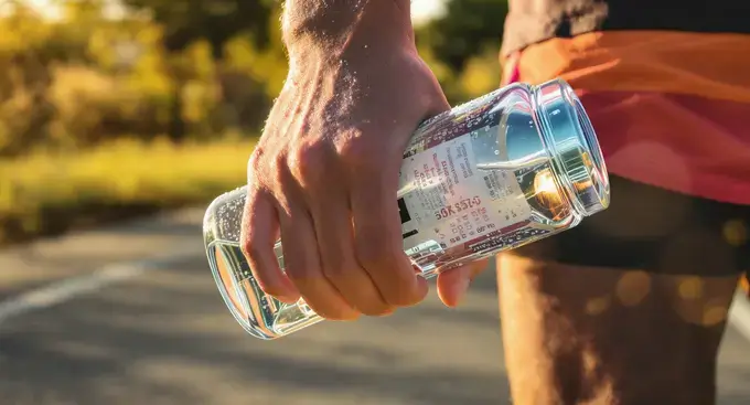 =A runner's hydration and magnesium-rich snack of almonds and pumpkin seeds for recovery.