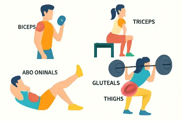 Alan Ritchson Workout: Outlift Your Couch and Outsmart Boring Routines 3 =Illustration of targeted muscle groups during various exercises in a workout.