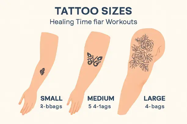 =Illustration of small, medium, and large tattoos with timelines for exercise.