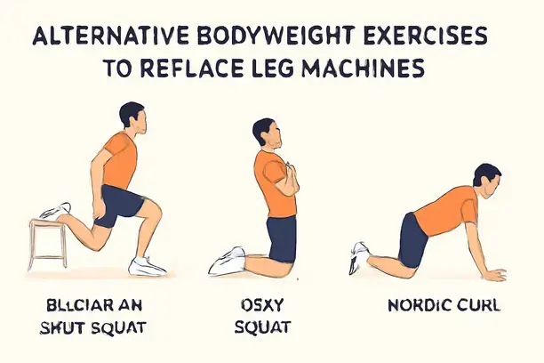 Leg Workout Machines Names That Sound Weird but Build Seriously Strong Legs 3 =Alternatives to leg workout machines including Bulgarian split squats and Nordic curls demonstrated by figures.