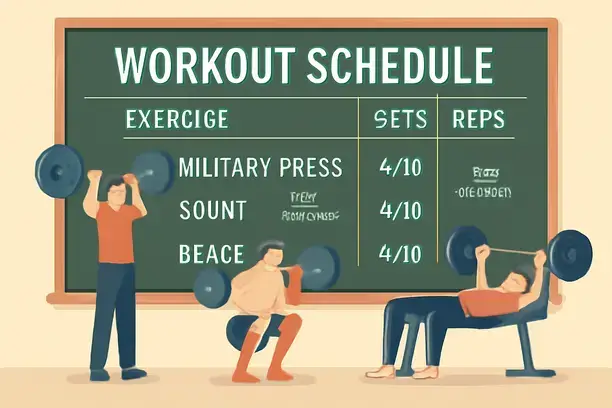 =Illustration of a workout schedule with exercises inspired by Steve Reeves' routine.