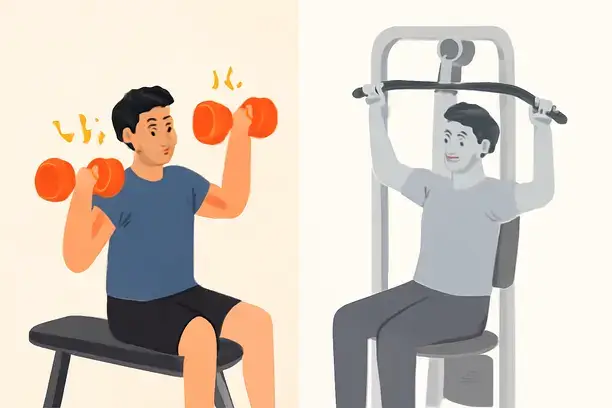 What Are Free Weights? Why Your Muscles Love Chaos Over Machines 2 =Illustration comparing free weights with resistance machines, showing muscle activation and training styles.