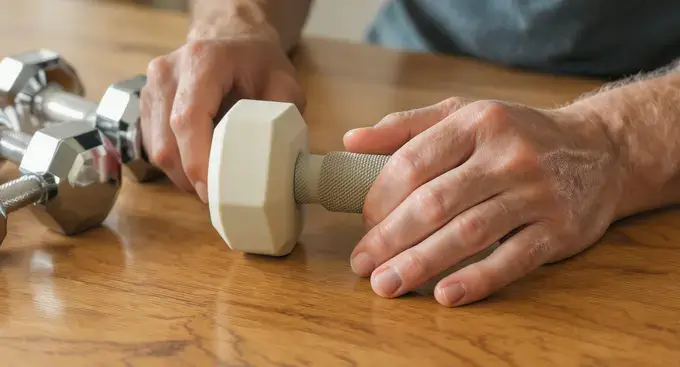 Dumbbell Exercises for Seniors: Because Muscles Don’t Retire—You Do! 3 Close-up of a senior's hand holding a lightweight, hexagonal dumbbell with a secure grip.