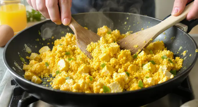 Close-up of a colorful vegan tofu scramble with peppers and black beans in a skillet.