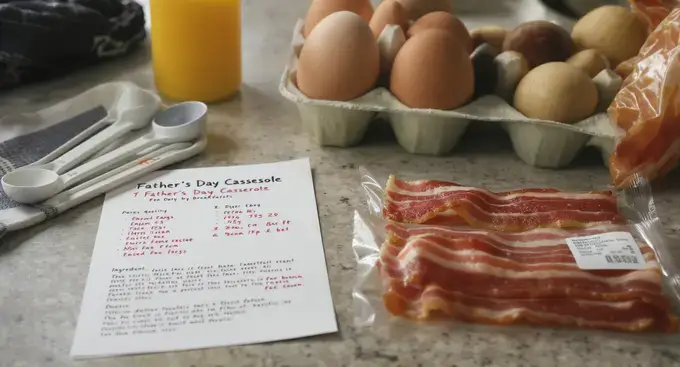 Kitchen counter with doubled recipe ingredients for a Father's Day breakfast crowd.