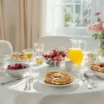 A beautifully set Galentine's Day brunch table with waffles, fruit, and flowers in natural morning light.