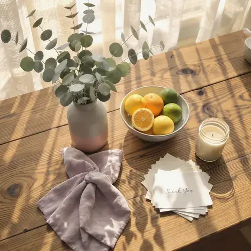 A flat lay of DIY brunch decor including a painted vase, citrus, and a dyed napkin.