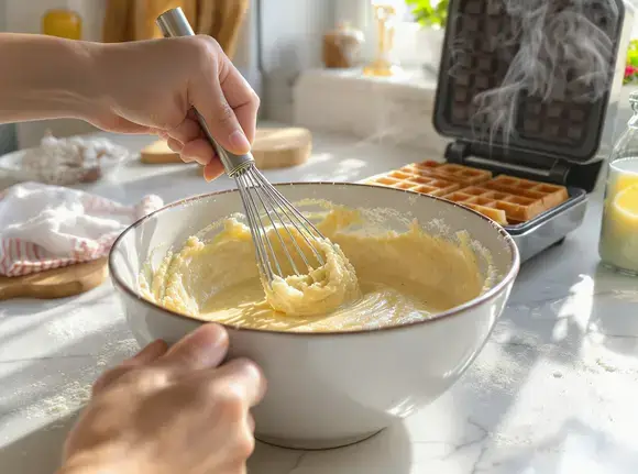 Close-up of hands mixing gluten-free waffle batter in a sunny kitchen.