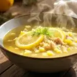 A bowl of creamy Greek lemon orzo soup with chicken and fresh herbs.