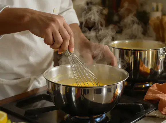A cook tempering eggs with hot broth to make the creamy base for lemon orzo soup.