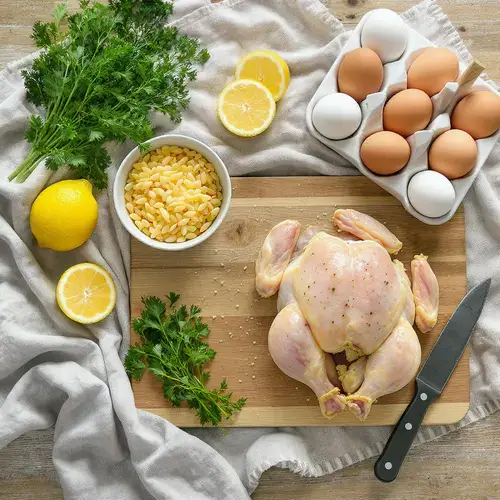 Fresh ingredients for making traditional Greek lemon orzo soup arranged on a table.