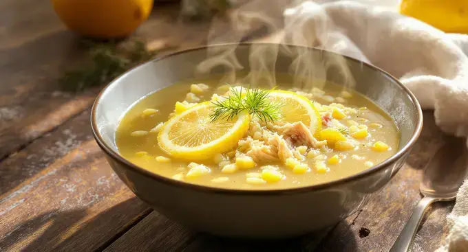 A bowl of creamy Greek lemon orzo soup with chicken and fresh herbs.