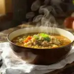 A bowl of ground turkey and lentil soup with a meat thermometer showing 165°F, emphasizing food safety.