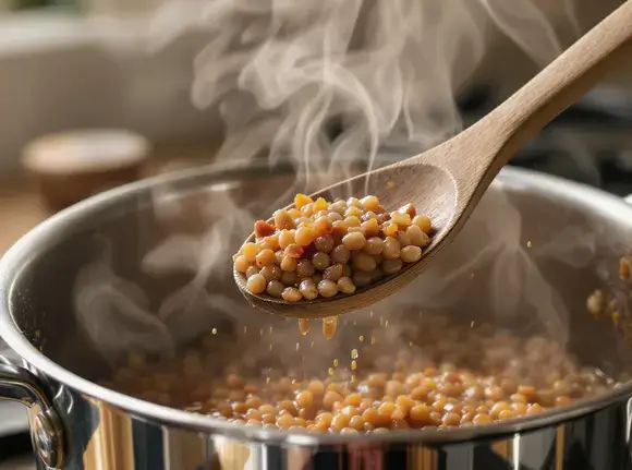 A close-up of cooked brown lentils being scooped from a pot, demonstrating proper tenderness.