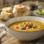 A bowl of healthy cheeseburger soup with lean beef and vegetables, garnished with chives.