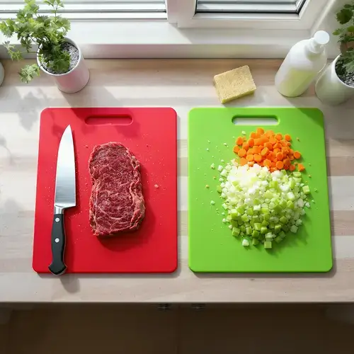 Separate cutting boards for raw meat and vegetables to prevent cross-contamination.