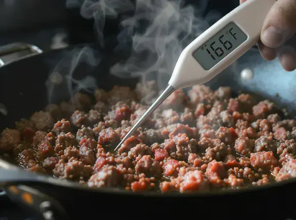 A food thermometer checking the safe internal temperature of cooked ground beef.