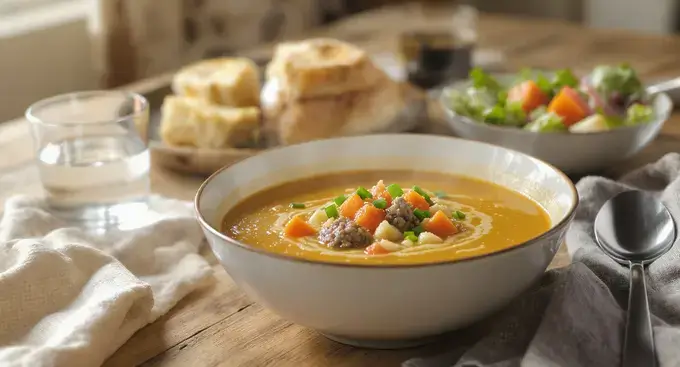 A bowl of healthy cheeseburger soup with lean beef and vegetables, garnished with chives.