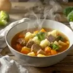 A bowl of keto vegetable beef soup with beef, cauliflower, and broccoli in broth on a rustic table.