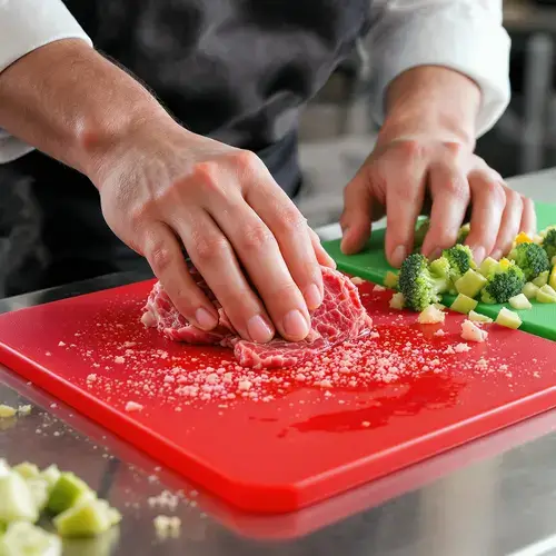 Separate cutting boards for raw beef and vegetables to prevent cross-contamination.