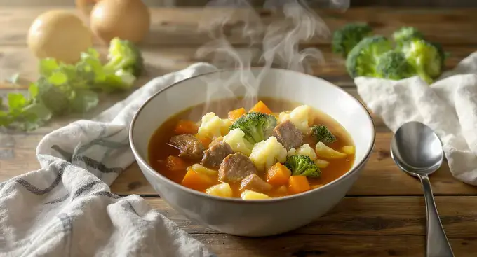 A bowl of keto vegetable beef soup with beef, cauliflower, and broccoli in broth on a rustic table.