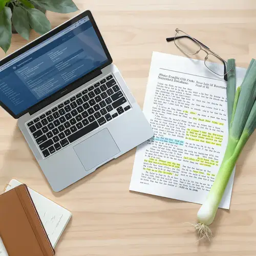 A research desk with a laptop showing nutrition data, a journal, and a leek, representing evidence-based recipe development.