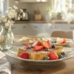A cozy Mother's Day breakfast table with French toast and flowers, representing mother's day breakfast ideas.