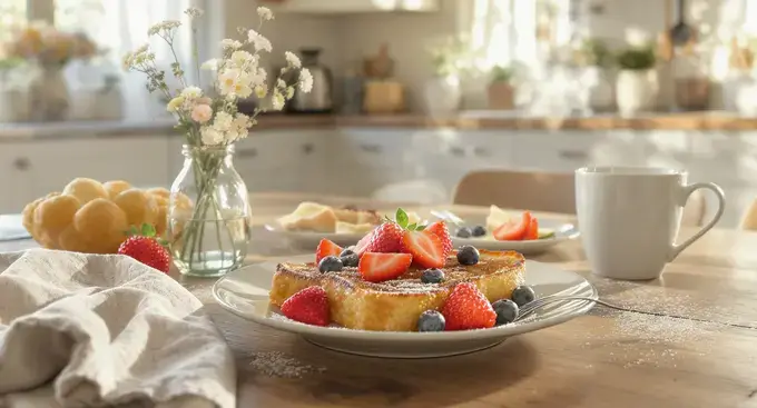 Mother's Day Breakfast Ideas That Won't Land You on a Cooking Show Blooper Reel 1 A cozy Mother's Day breakfast table with French toast and flowers, representing mother's day breakfast ideas.