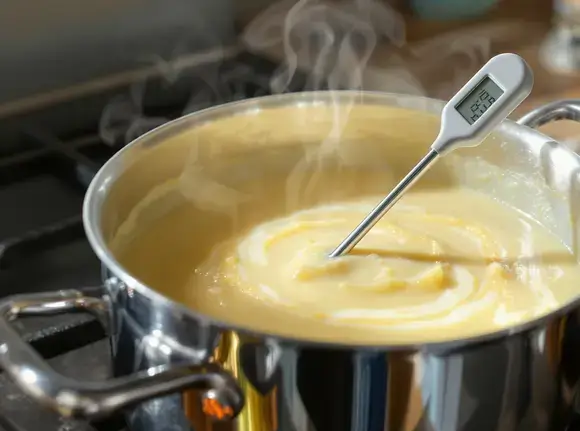 A food thermometer checking the temperature of potato soup for safe reheating.