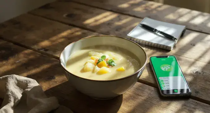 A bowl of creamy weight watcher potato soup recipe with a notepad and smartphone on a rustic table.