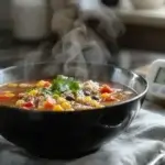 A bowl of weight watchers taco soup with a food thermometer showing safe temperature, on a kitchen counter.