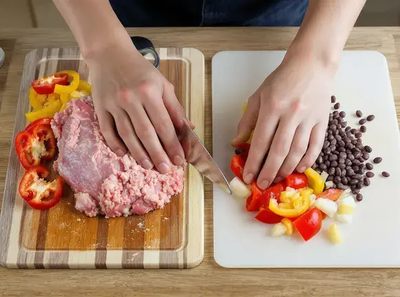 Hands preparing taco soup ingredients on separate cutting boards for raw meat and vegetables.