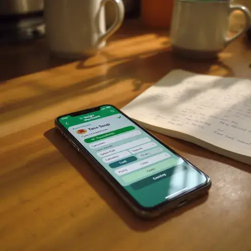 A smartphone showing the WW app points calculator next to a notebook with soup nutrition facts.