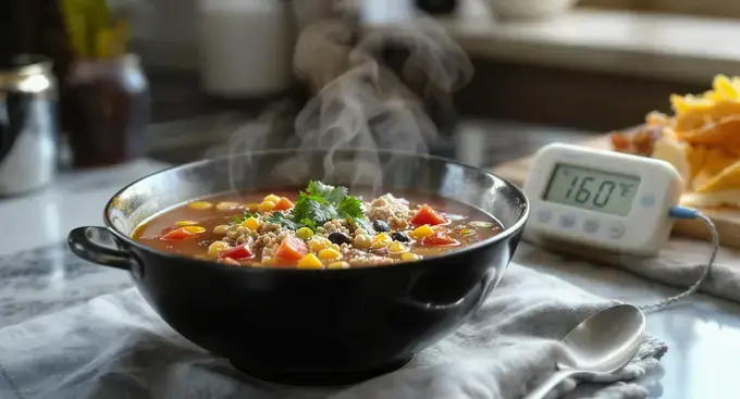 A bowl of weight watchers taco soup with a food thermometer showing safe temperature, on a kitchen counter.