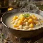 A bowl of creamy white bean and butternut squash soup with fresh parsley garnish on a rustic table.