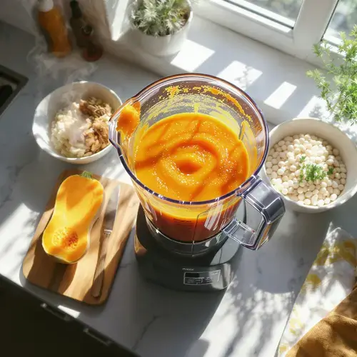 A blender full of smooth soup beside raw butternut squash and white beans on a cutting board.